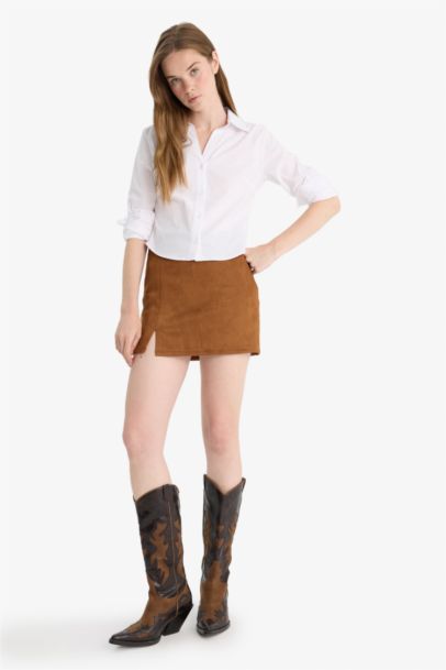Yüksek Bel Süet Mini Etek