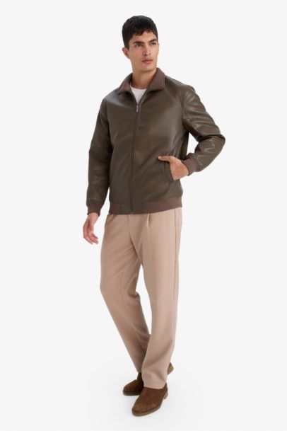 Куртка из искусственной кожи на молнии с подкладкой и воротником-стойкой Slim Fit