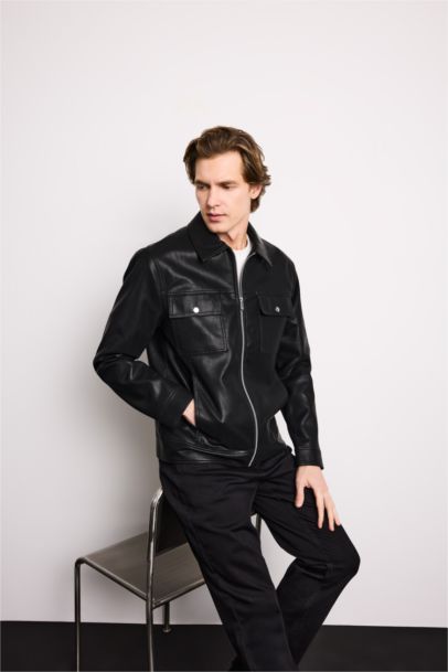 Slim Fit Polo Collar Lined Faux Leather Jacket