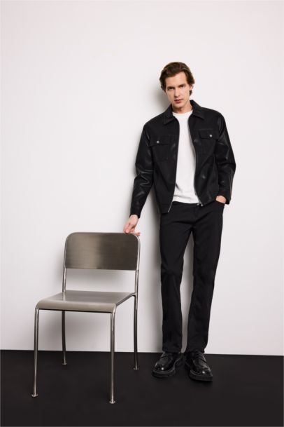 Slim Fit Polo Collar Lined Faux Leather Jacket