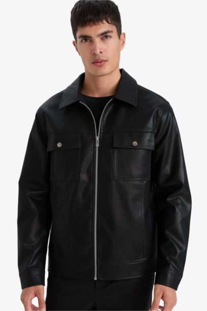Slim Fit Polo Collar Lined Faux Leather Jacket