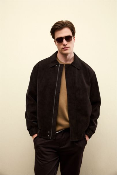 Relax Fit Lined Zippered Suede Jacket