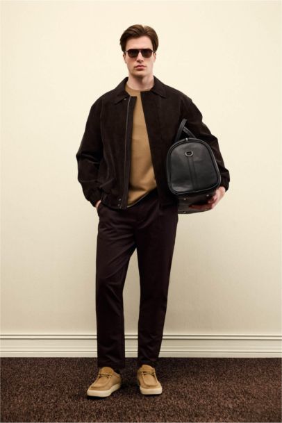 Relax Fit Lined Zippered Suede Jacket