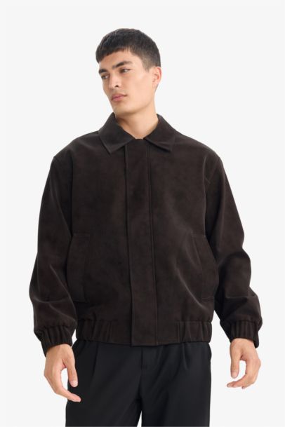 Relax Fit Lined Zippered Suede Jacket