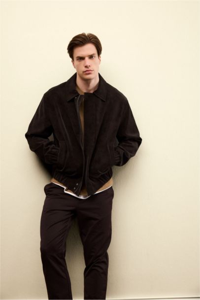 Relax Fit Lined Zippered Suede Jacket