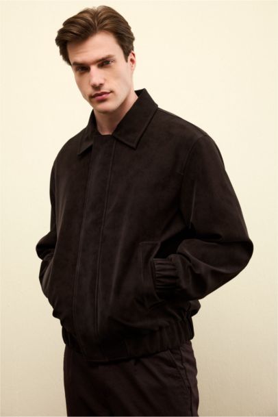 Relax Fit Lined Zippered Suede Jacket