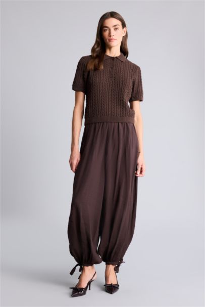 Polo Yaka Kısa Kollu Ajurlu Triko Kazak