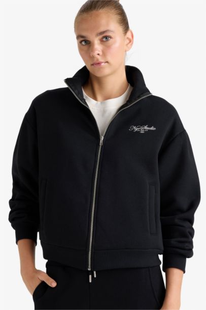 Relax Fit Stand Collar Printed Thick Zippered Sweatshirt