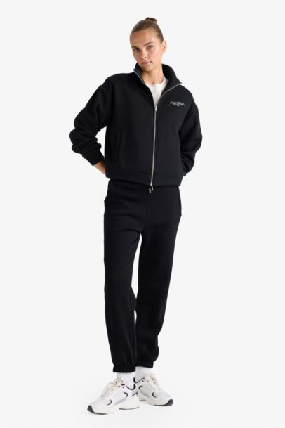 Relax Fit Stand Collar Printed Thick Zippered Sweatshirt