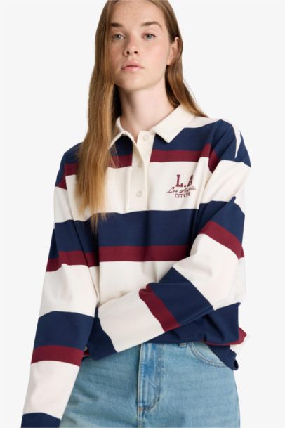 Oversize Fit Polo Neck Striped Printed Sweatshirt