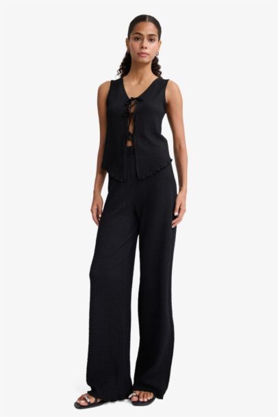 Slim Fit V-Neck Tie Front Crepe Blouse