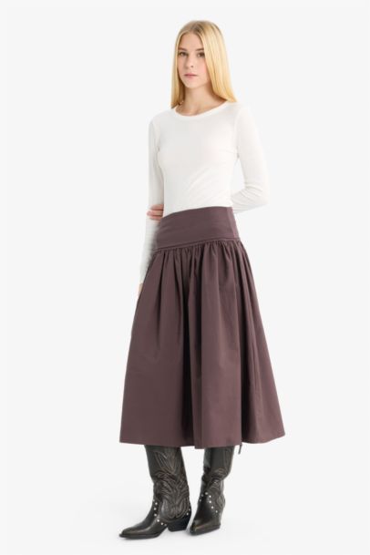 A Kesim Yüksek Bel Poplin Midi Etek