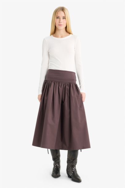 A Kesim Yüksek Bel Poplin Midi Etek