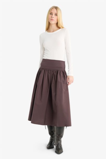 A Kesim Yüksek Bel Poplin Midi Etek