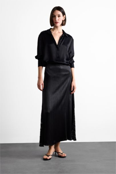 High Waist Satin Lace Detailed Midi Skirt