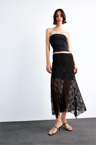 Lace Half Lining Elastic Band Ankle Length Skirt