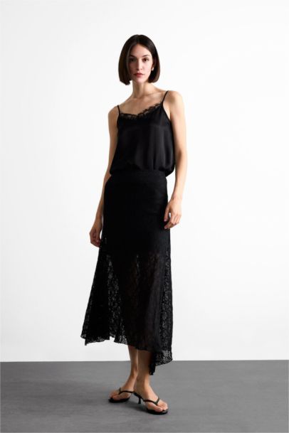 Lace Half Lining Elastic Band Ankle Length Skirt