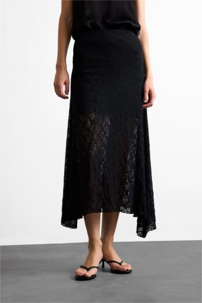 Lace Half Lining Elastic Band Ankle Length Skirt