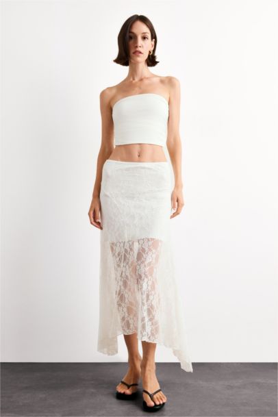 تنورة ميدي دانتيل بخصر مطاطي بنصف بطانة