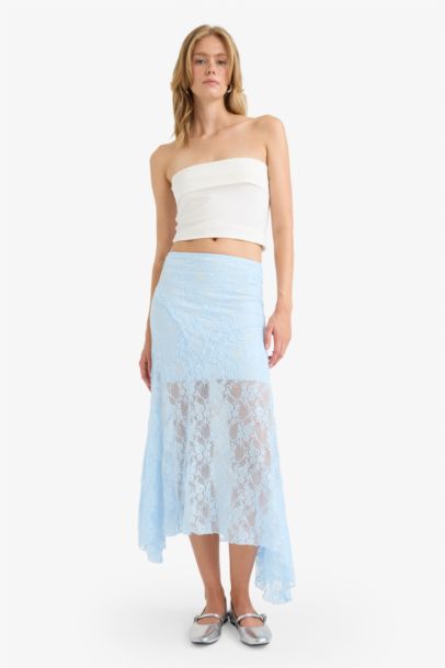 Lace Half Lining Elastic Band Ankle Length Skirt