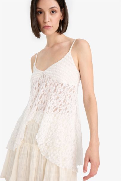 Afra x DeFacto Fitted V Neck Lace Strappy Blouse