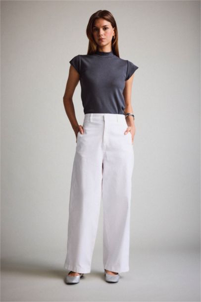 Barrel Fit High Waist Straight Leg Gabardine Trousers