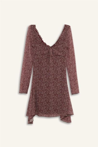 V Yaka Çiçekli Tül Uzun Kollu Mini Elbise