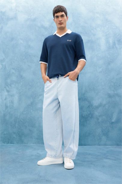 Cotton Barrel Fit Elastic Wide Leg Washed Jeans