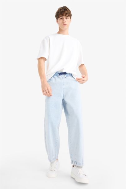 Cotton Barrel Fit Elastic Wide Leg Washed Jeans