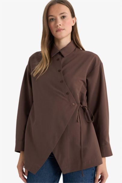 Regular Fit Gömlek Yaka Önden Bağlamalı Poplin Uzun Kollu Gömlek Tunik