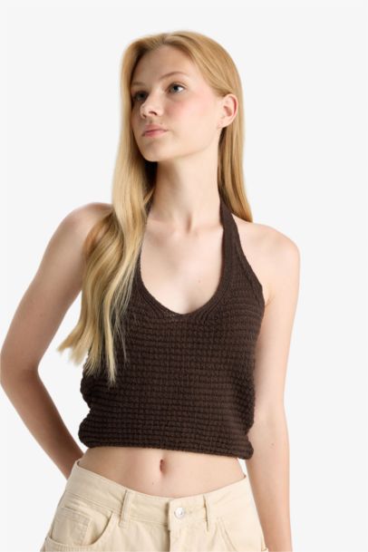 Slim Fit Dar Kesim Halter Yaka Triko Atlet