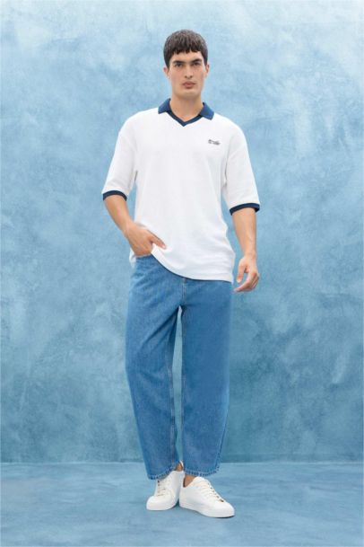 Cotton Tapered Wide Leg Fit Washed Jeans