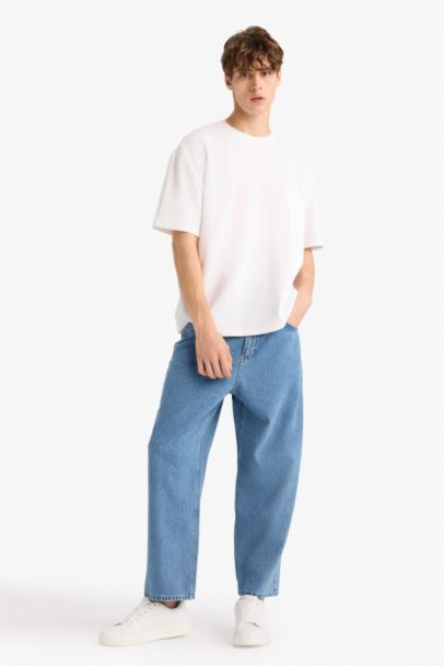 Cotton Tapered Wide Leg Fit Washed Jeans