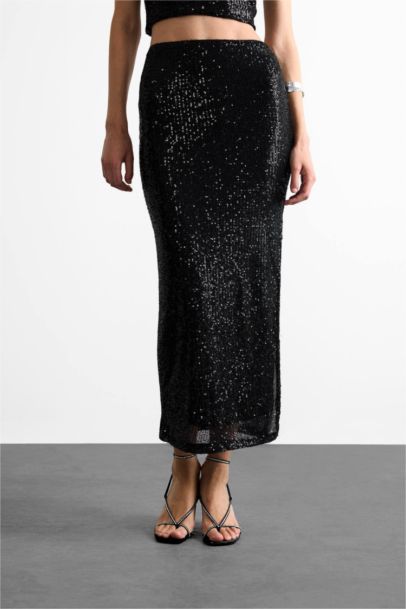 Slim Fit Sequined Slit Midi Skirt