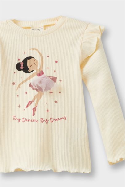 Bisiklet Yaka Balerin Baskılı Fitilli Kaşkorse Uzun Kollu Tişört Kız Bebek