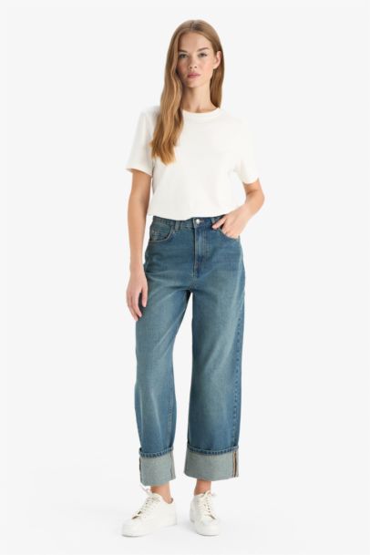 Relax Fit High Waist Folded Hem Long Jeans
