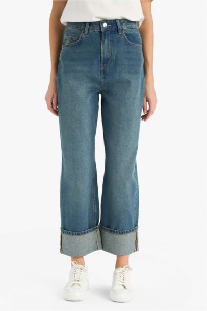 Relax Fit High Waist Folded Hem Long Jeans