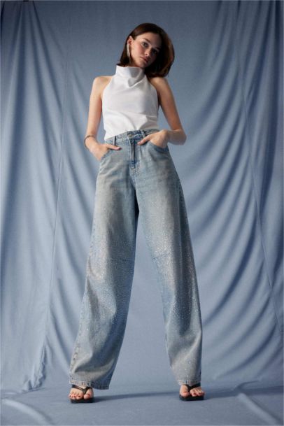 Baggy Fit Yüksek Bel Uzun Jean Yıkamalı Pantolon