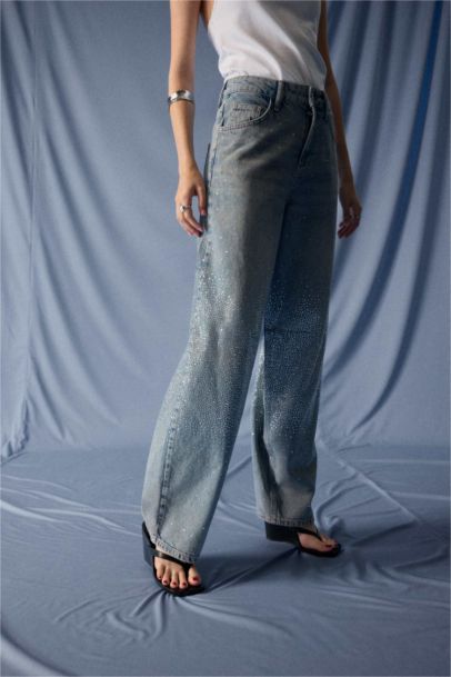 Baggy Fit Yüksek Bel Uzun Jean Yıkamalı Pantolon