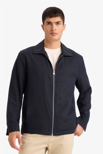 Regular Fıt Fermuarlı Keten Karışımlı Mont