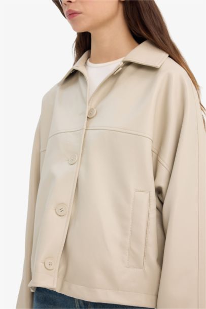 Regular Fit Polo Collar Faux Leather Jacket