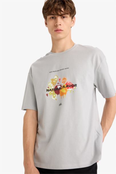 Boxy Fıt Bisiklet Yaka Baskılı Kısa Kollu Tişört