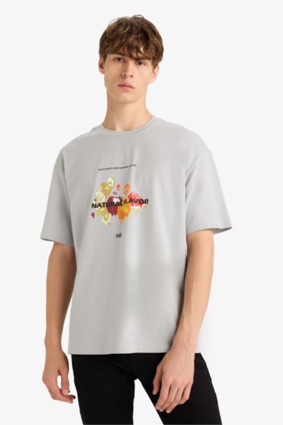 Boxy Fıt Bisiklet Yaka Baskılı Kısa Kollu Tişört