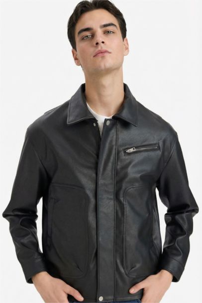 Oversıze Gömlek Yaka Fermuarlı Suni Deri Mont