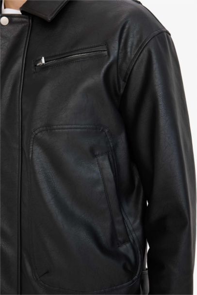 Oversıze Gömlek Yaka Fermuarlı Suni Deri Mont