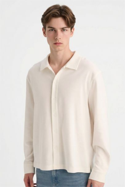 Boxy Fit Polo Collar Long Sleeve Shirt