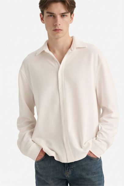Boxy Fit Polo Collar Cotton Long Sleeve Shirt