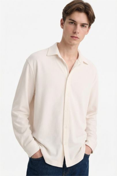 Boxy Fit Polo Collar Cotton Long Sleeve Shirt