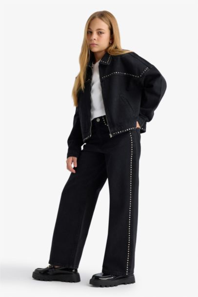 بنطلون جينز بناتي وايد ليج برجل واسع