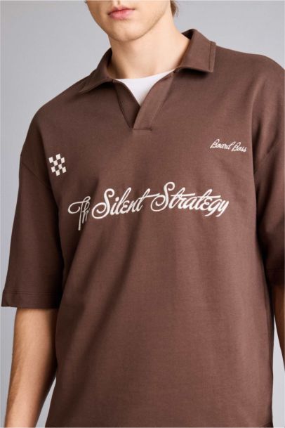 Loose Fıt Slogan Baskılı Sweatshirt Kumaşı Polo Yaka Tişört